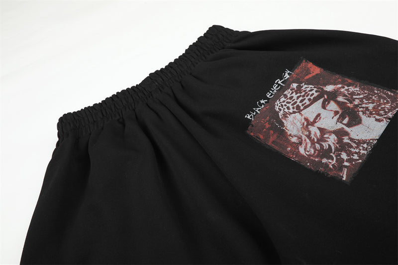 Sweatpants Men Black Wide-Leg Star & Graphic Print Hip-Hop Joggers