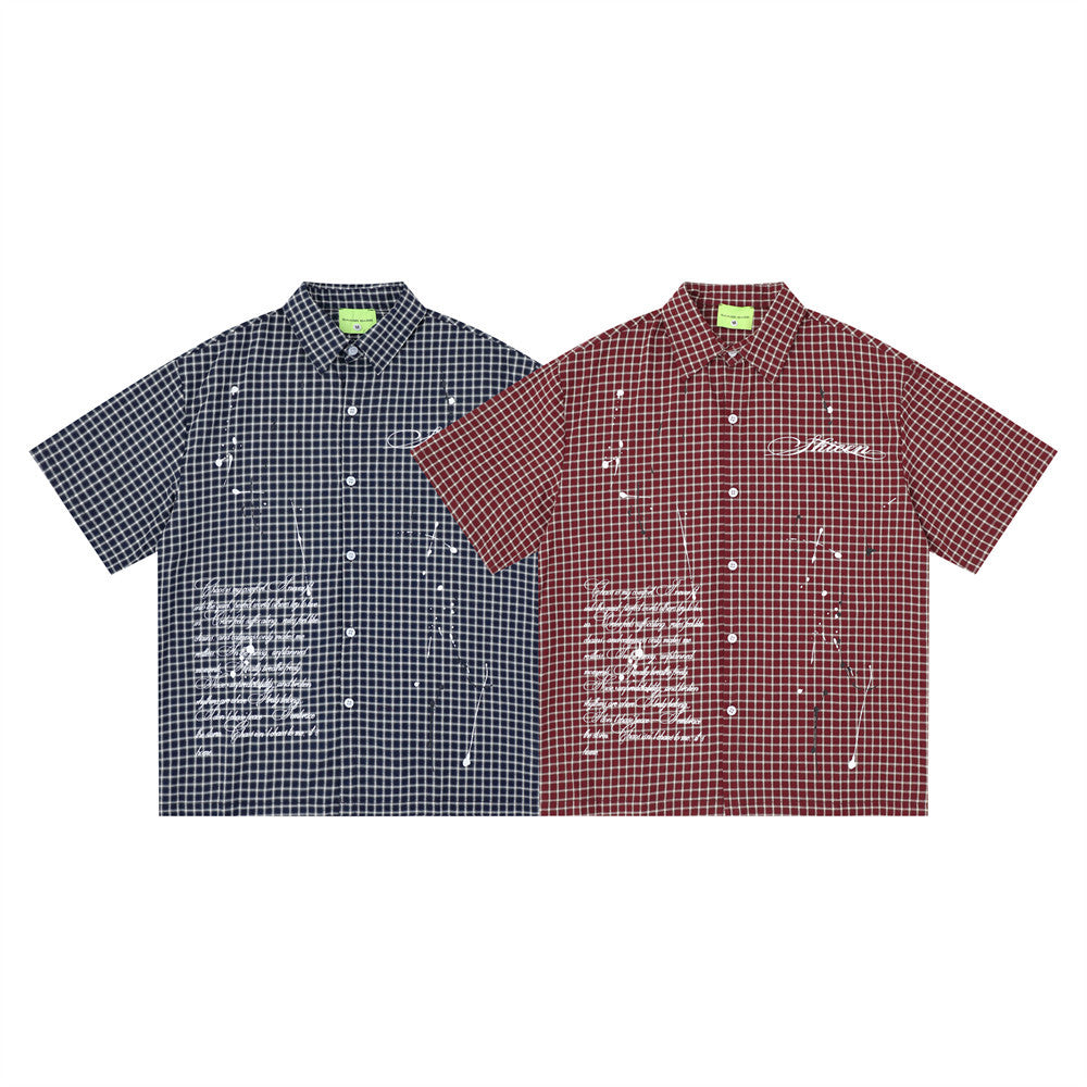 Plaid Check Short Sleeve Shirt – Oversized Streetwear with Script Print