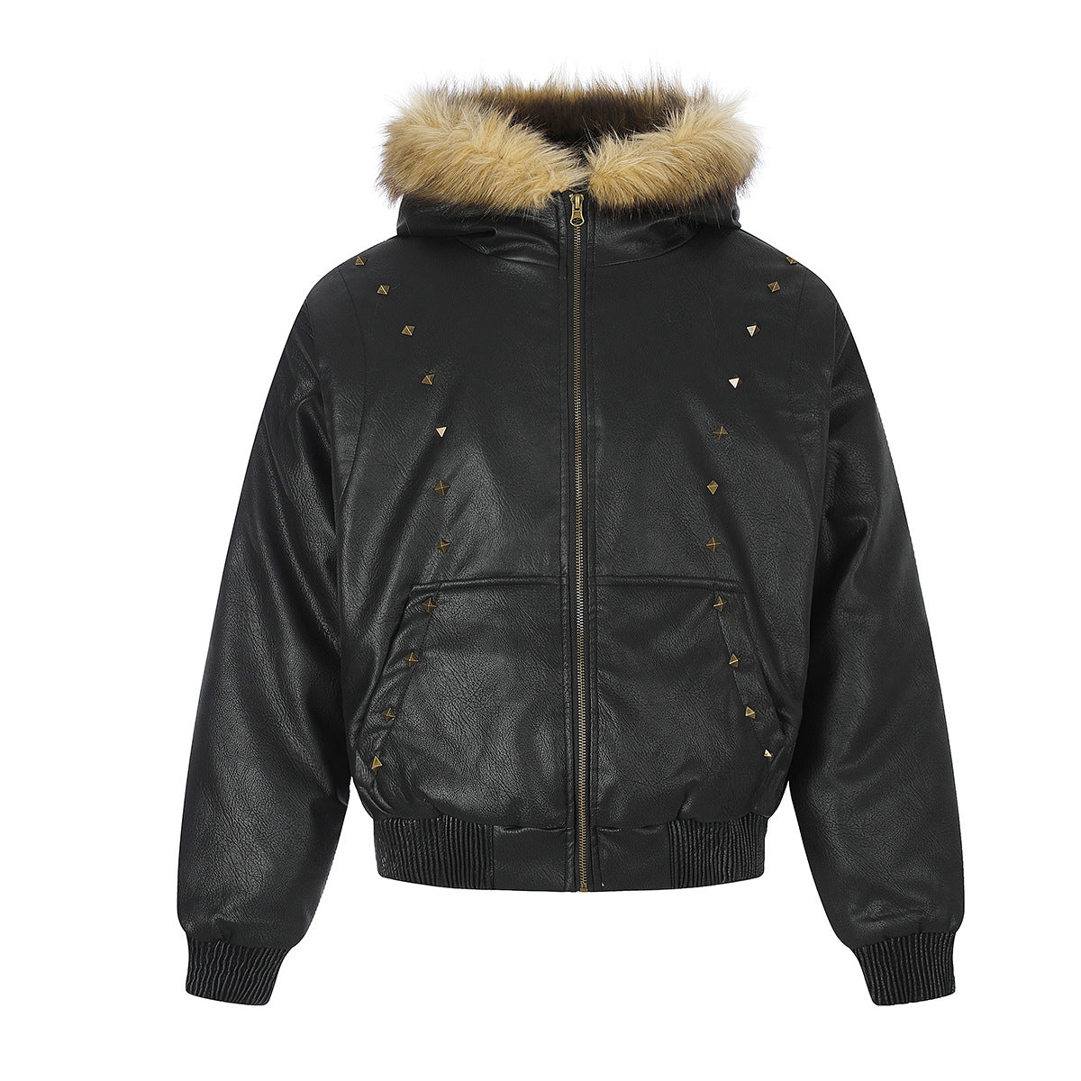 Leather Jacket Fur Collar Studded Hooded Bomber Jacket with Fleece Lining