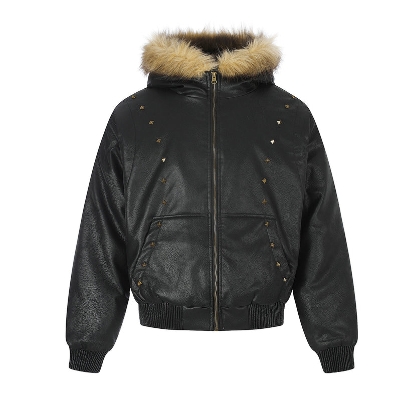 Leather Jacket Fur Collar Studded Hooded Bomber Jacket with Fleece Lining