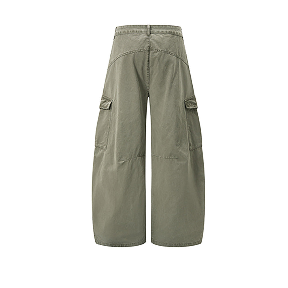 Olive green wide-leg cargo pants with flap side pockets, back view