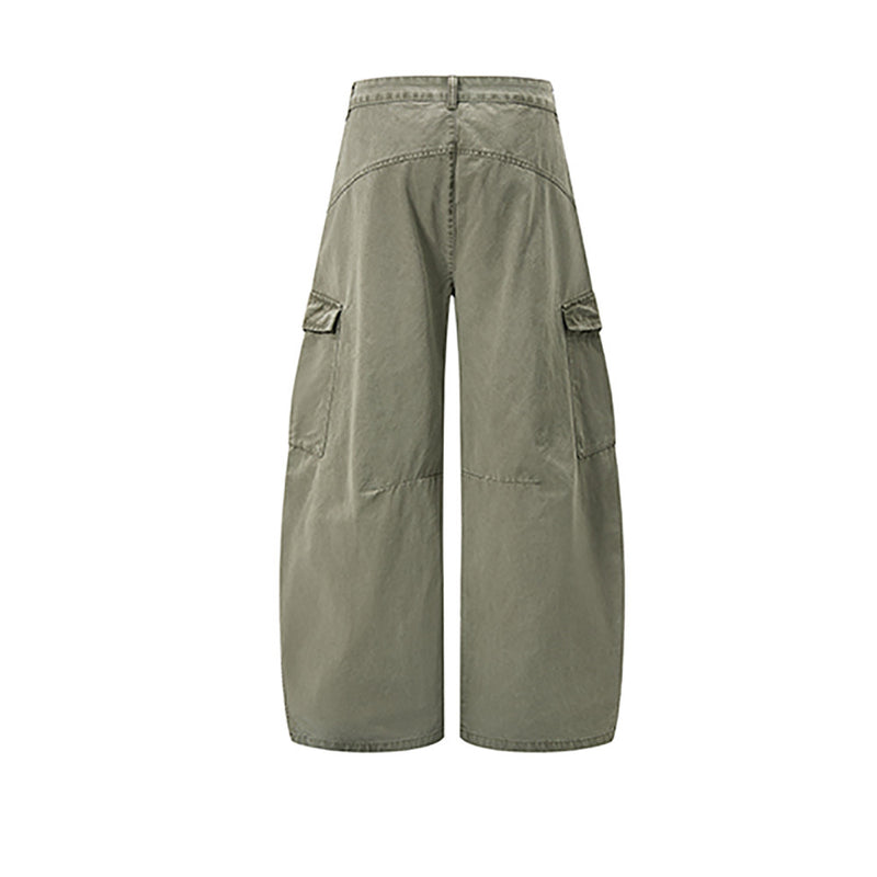 Olive green wide-leg cargo pants with flap side pockets, back view