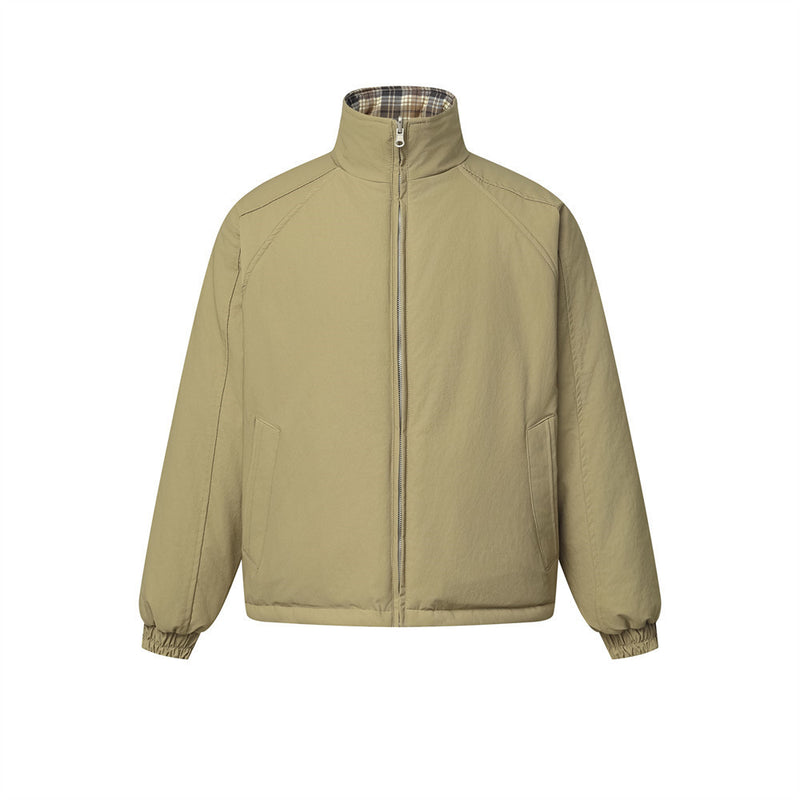 Reversible Stand-Collar Padded Jacket – Solid Khaki & Plaid Two-Way Wear
