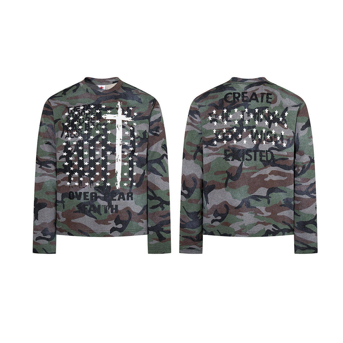 Long Sleeve Camo Graphic Tee – Cross & American Flag Stars Print, Crew Neck