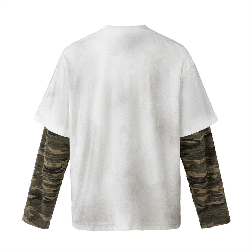 Men's Oversized Graphic Tee with Distressed Camo Long Sleeves – Washed White