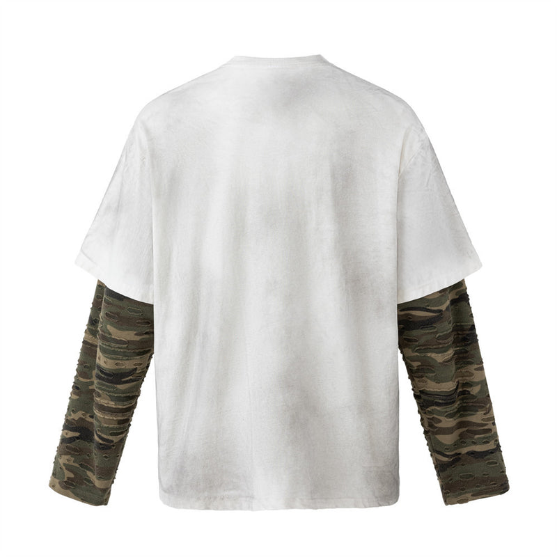Men's Oversized Graphic Tee with Distressed Camo Long Sleeves – Washed White