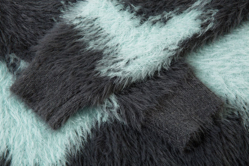 Pull en maille pelucheuse à motif vague abstrait – Modèle oversize