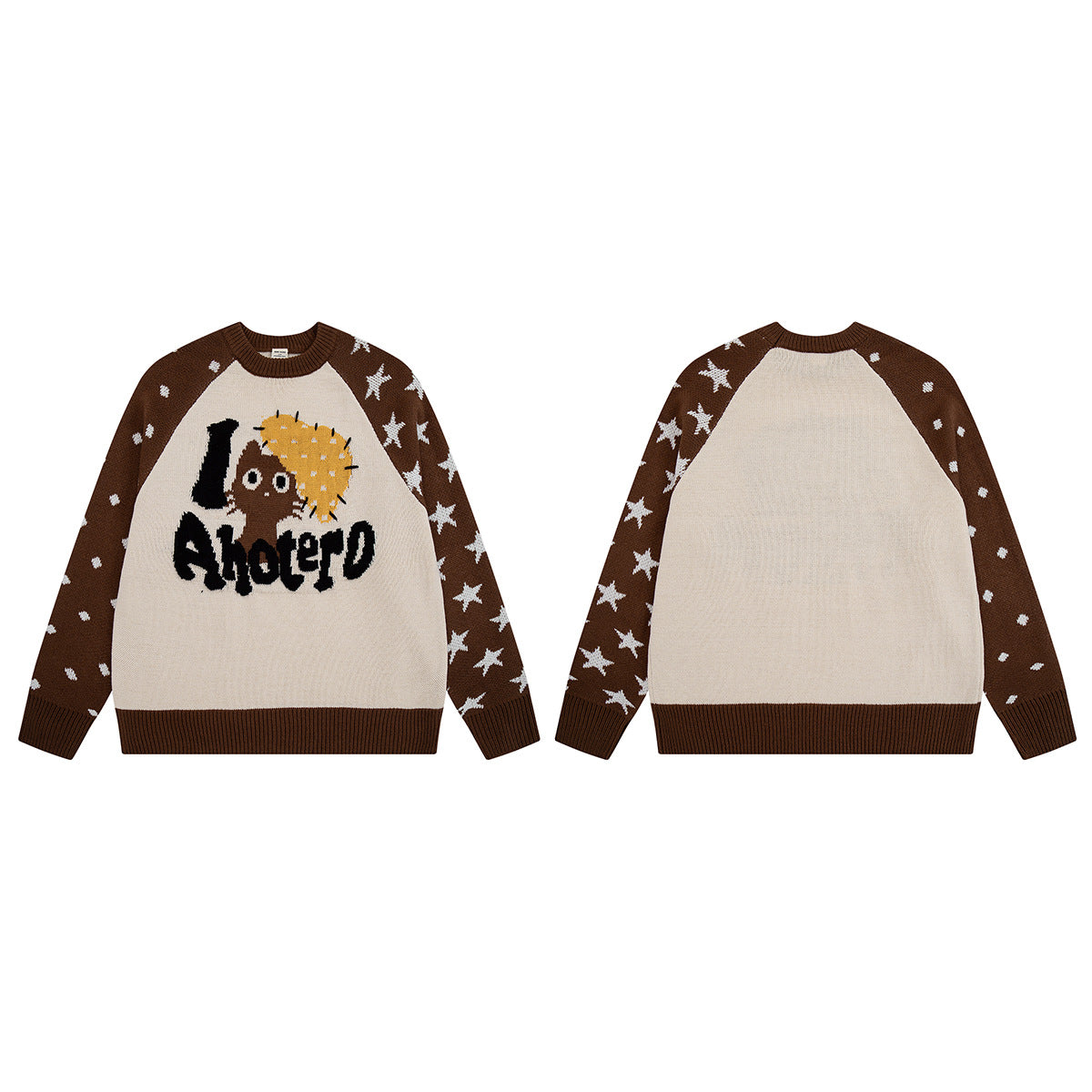 Pull marron à col rond – Maille color-block chats cartoon et étoiles