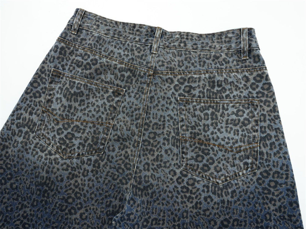 Leopard Print Wide-Leg Baggy Jeans – Oversized Curved Denim Pants