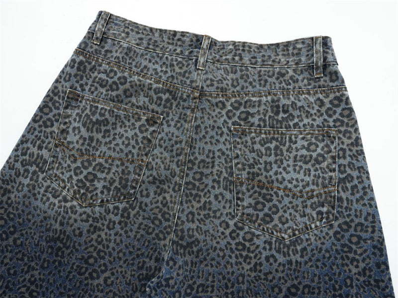 Leopard Print Wide-Leg Baggy Jeans – Oversized Curved Denim Pants