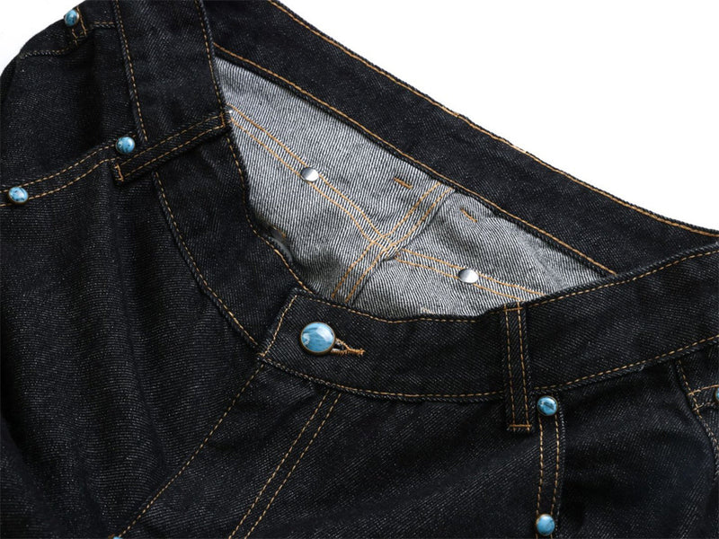 Wide-Leg Barrel Jeans – Turquoise Stud Detail, Curved Silhouette