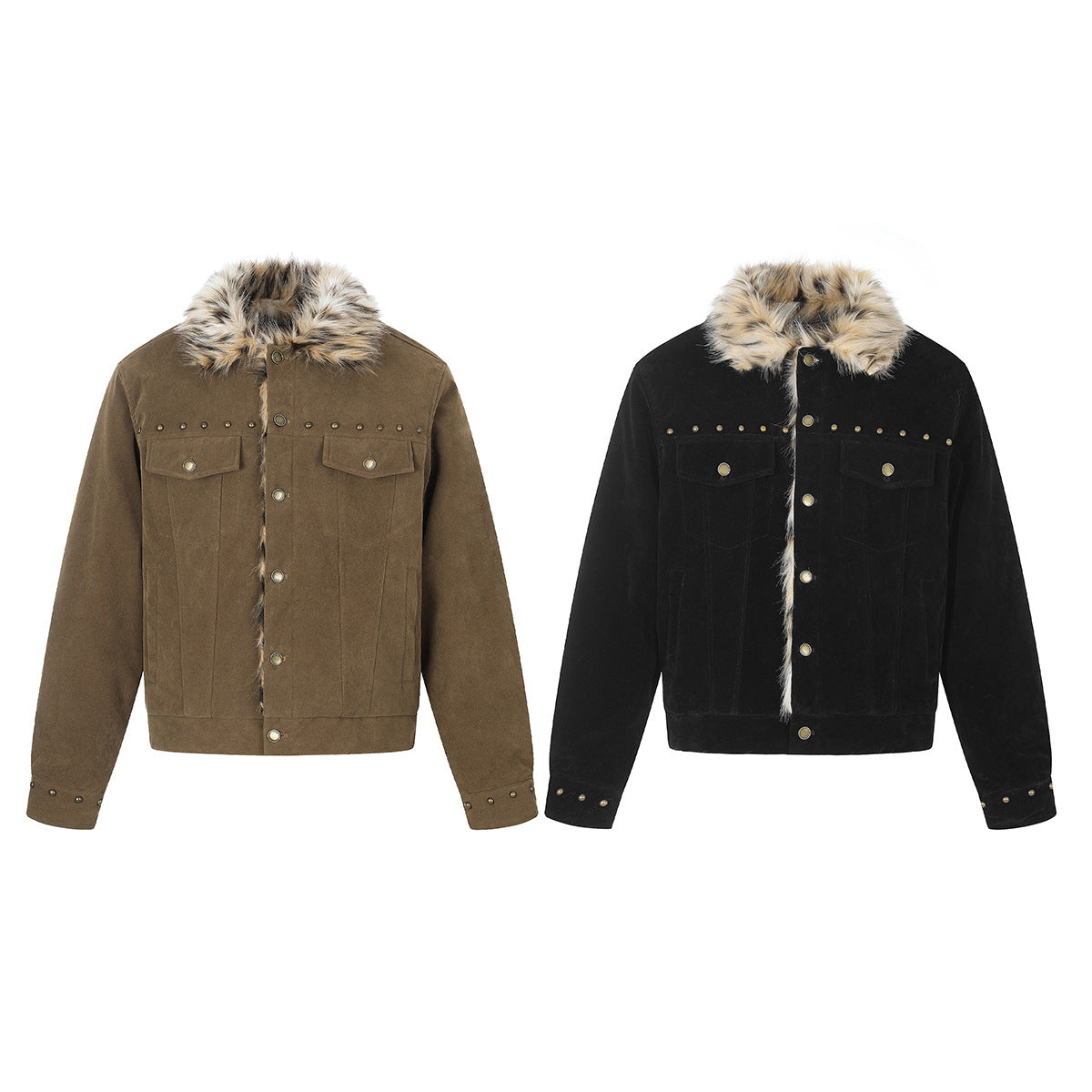 Faux Fur Collar Suede Jacket with Leopard Trim & Studs
