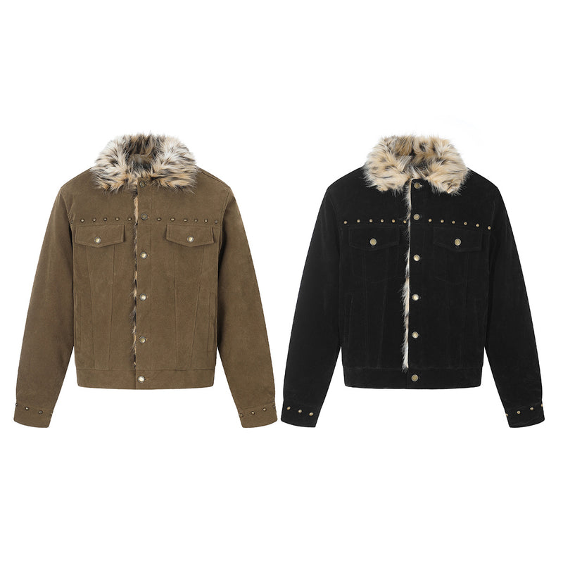 Faux Fur Collar Suede Jacket with Leopard Trim & Studs