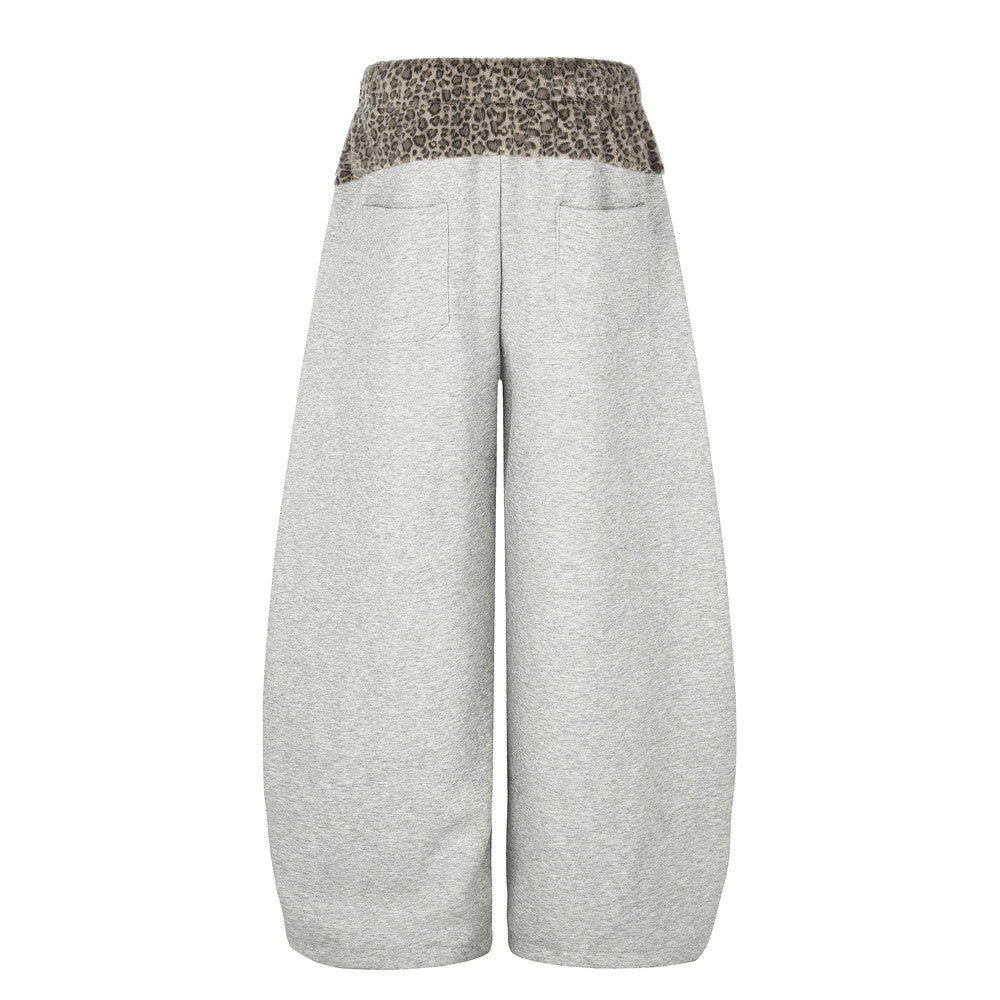 Wide-Leg Sweatpants with Leopard Print Waistband & Star Patch Embroidery