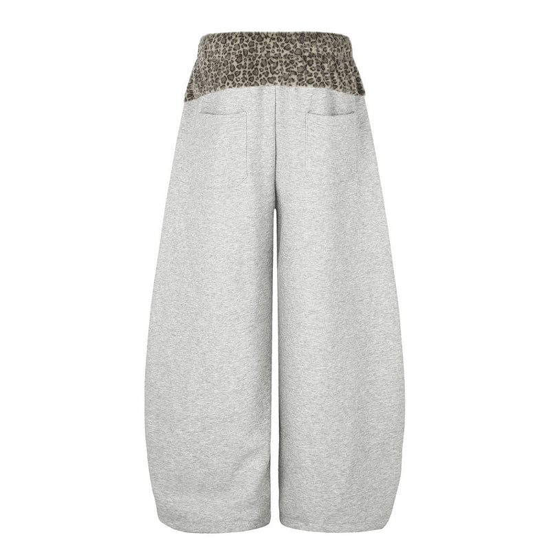 Wide-Leg Sweatpants with Leopard Print Waistband & Star Patch Embroidery