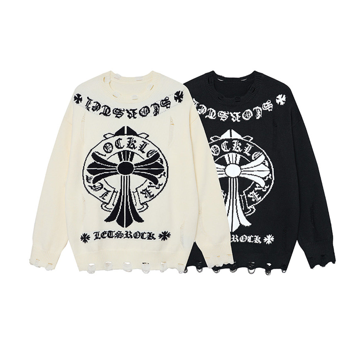 Crew Neck Knit Sweater Gothic Cross Distressed Hem Streetwear
