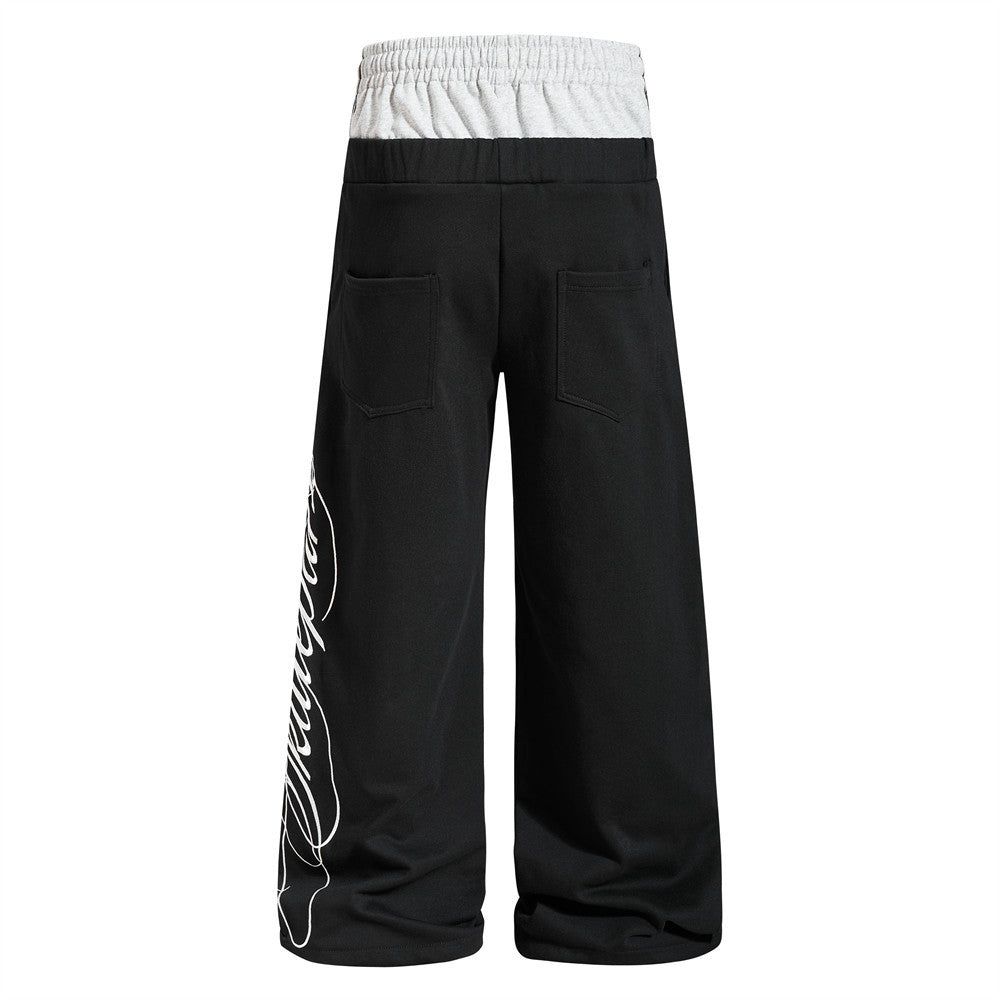 Men's Colorblock Double Waistband Wide-Leg Sweatpants with Embroidered Graphic