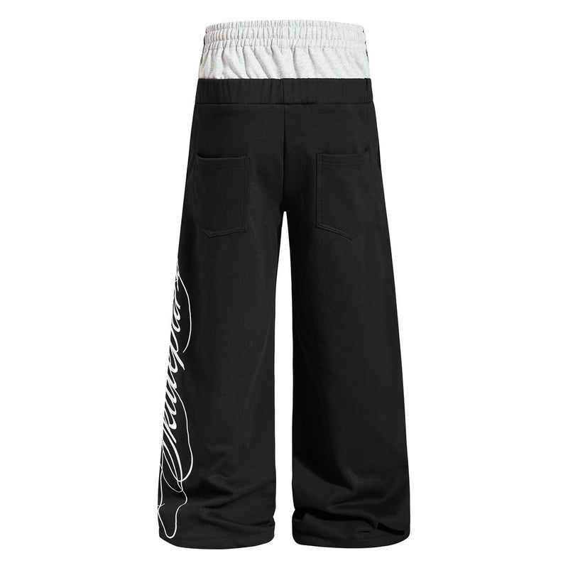 Men's Colorblock Double Waistband Wide-Leg Sweatpants with Embroidered Graphic