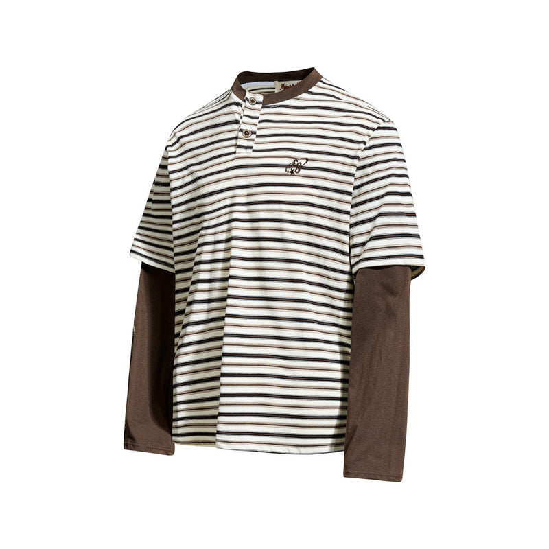 Cream striped Henley t-shirt with brown long sleeves, front view