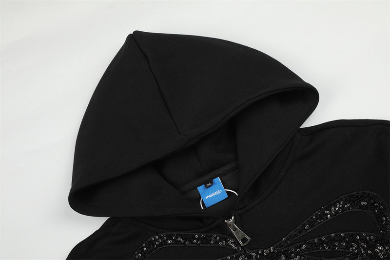 Bow Embroidery Zip-Up Hoodie – Oversized Sequin Ribbon Detail