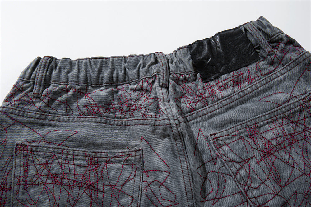 Wide-Leg Denim Shorts with All-Over Graffiti Embroidery – Punk Washed Grey