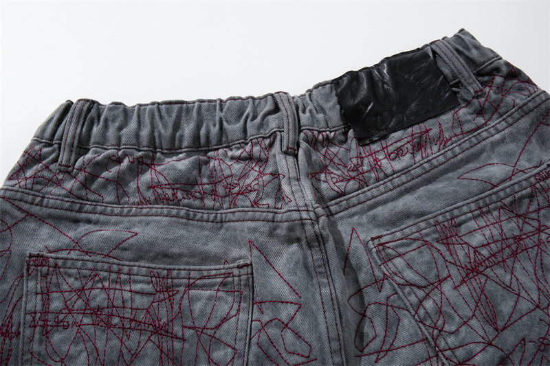 Wide-Leg Denim Shorts with All-Over Graffiti Embroidery – Punk Washed Grey