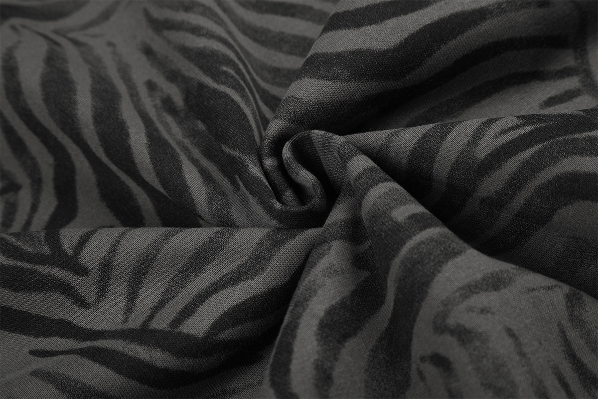 Zebra Print Zip-Up Hoodie Jacket with Pyramid Studs — Grey