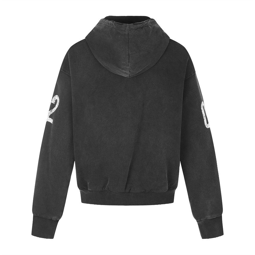 Back view of black washed hoodie with hood and distressed finish