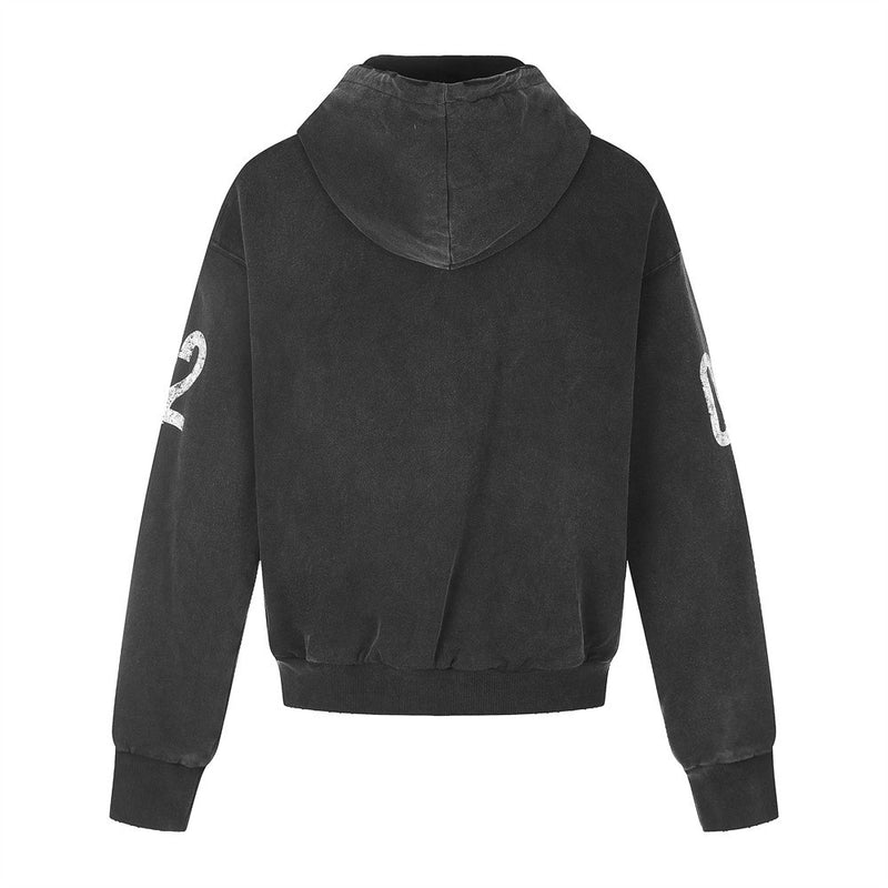 Back view of black washed hoodie with hood and distressed finish