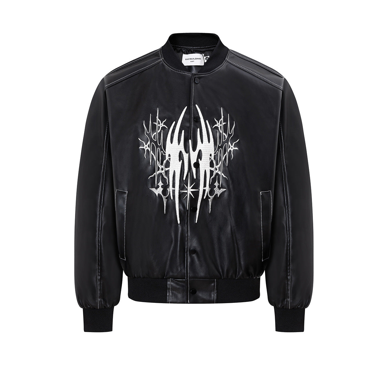 Veste en cuir zippée oversize – Bomber en PU à broderies gothiques tribales