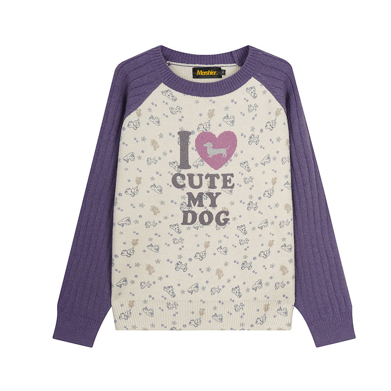 Girls Crew Neck Sweater – Cute Dog Print Raglan Sleeve Knit Top