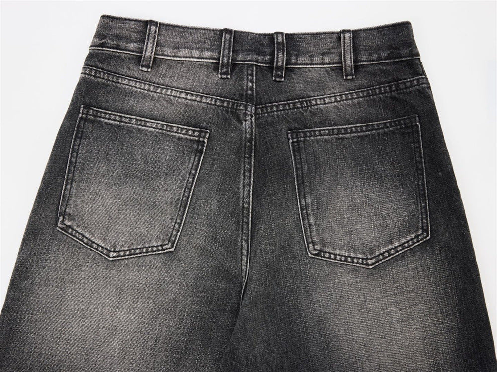 Wide-Leg Baggy Jeans – Washed Black Grey Vintage Straight-Cut Denim
