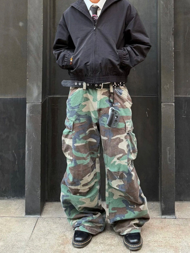 Woodland Camo Wide-Leg Cargo Pants – Washed Vintage Military Style
