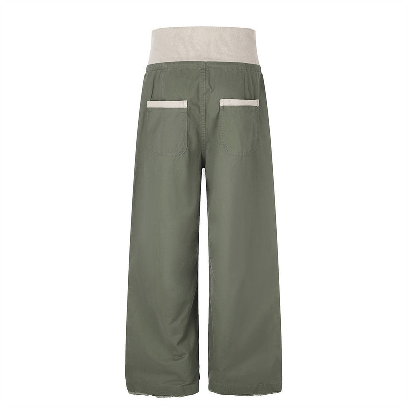 Pantalon palazzo à jambes larges – Taille haute, braguette à boutons, ceinture côtelée et ourlet brut