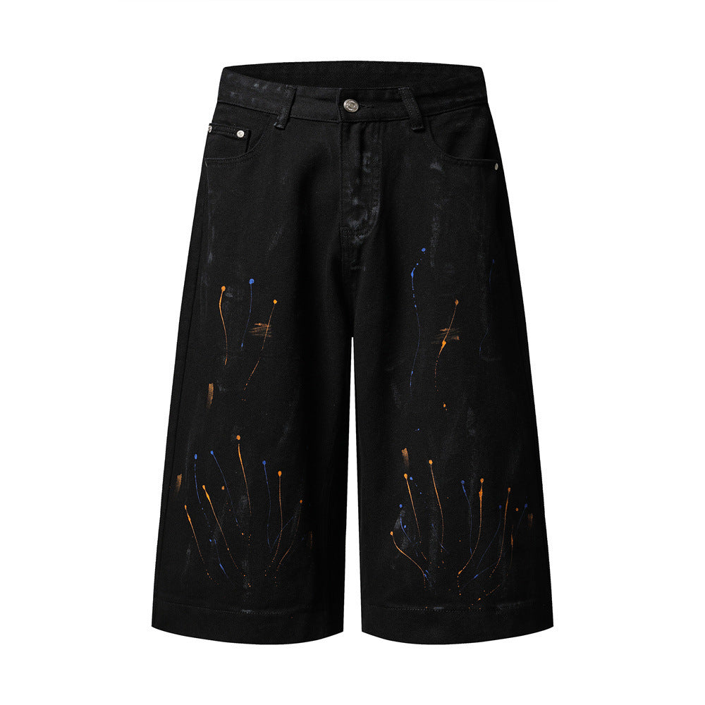 Paint Splatter Denim Shorts – Wide Leg Hip-Hop Street Style
