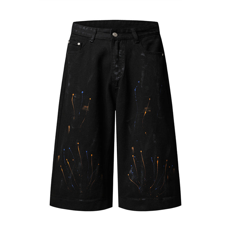 Paint Splatter Denim Shorts – Wide Leg Hip-Hop Street Style