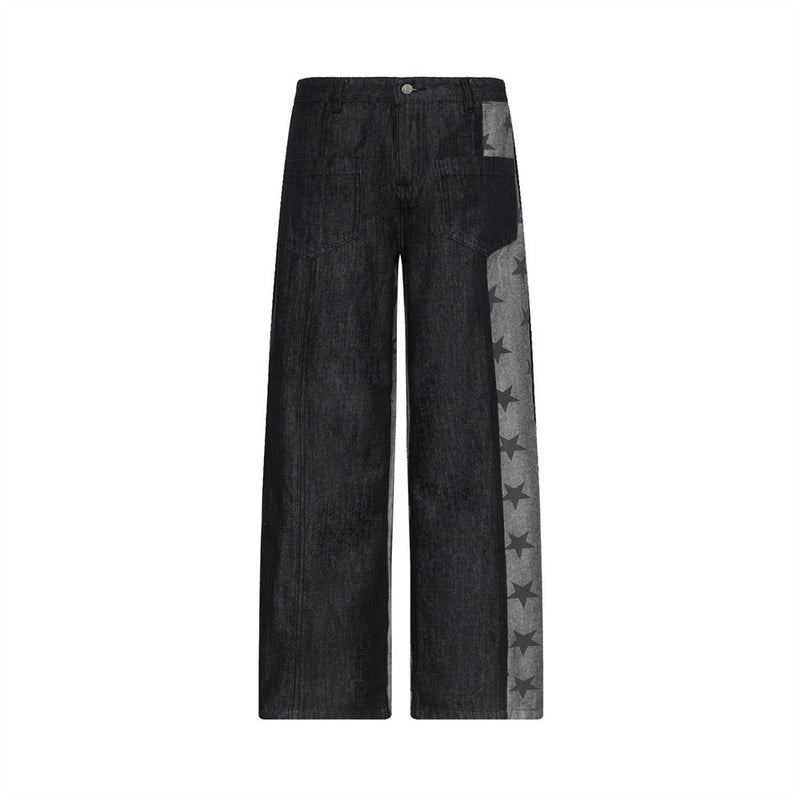 Black Baggy Jeans Men Star Print Patchwork Wide-Leg Denim Pants