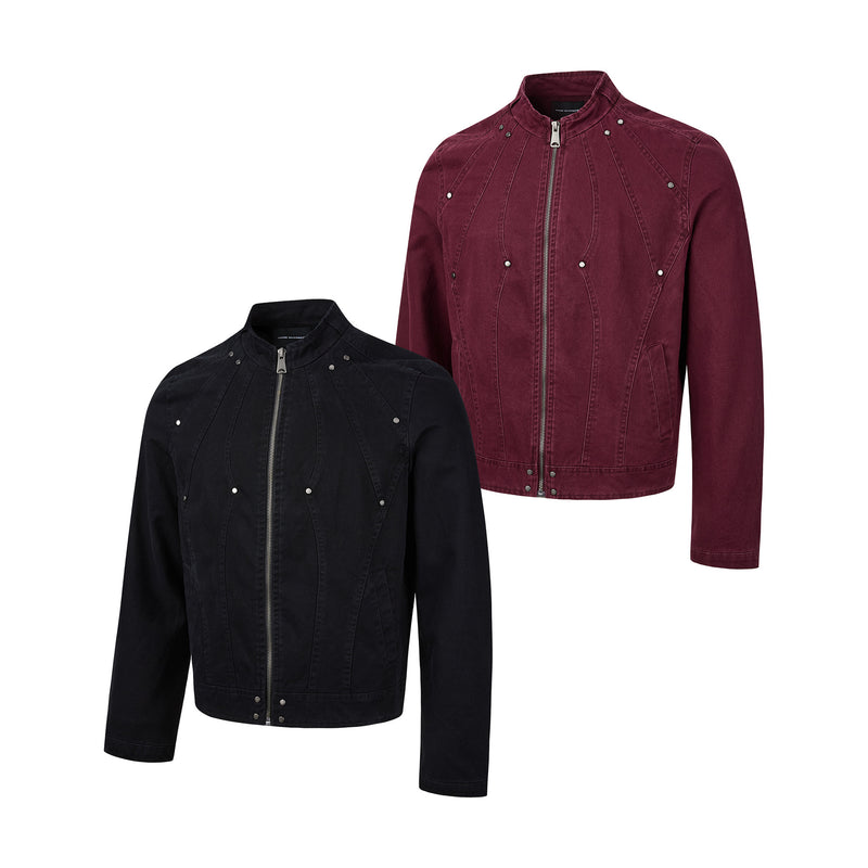 Washed Denim Moto Jacket – Studded Deconstructed Biker Style
