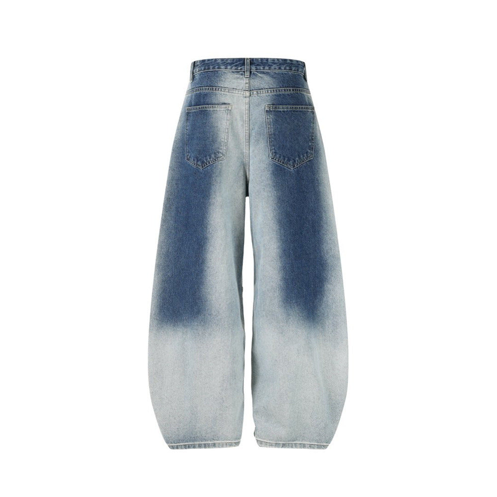 Wide-Leg Gradient Washed Jeans – Deconstructed Curved Seam Baggy Denim
