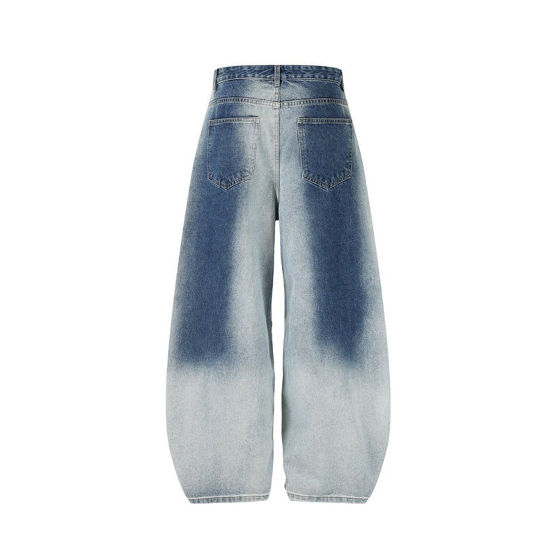 Wide-Leg Gradient Washed Jeans – Deconstructed Curved Seam Baggy Denim
