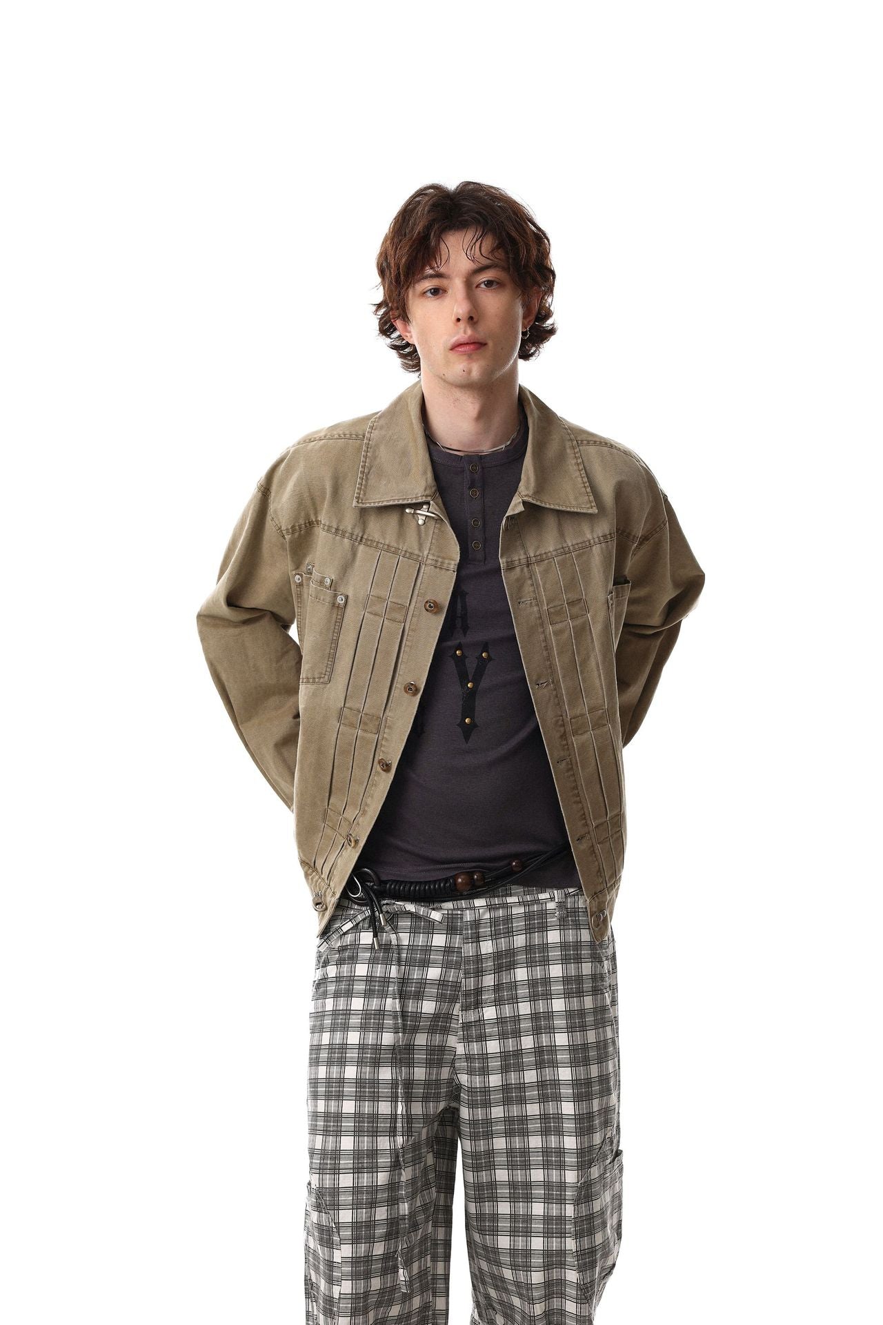Veste en jean délavée vintage à clips mousqueton – Style trucker workwear