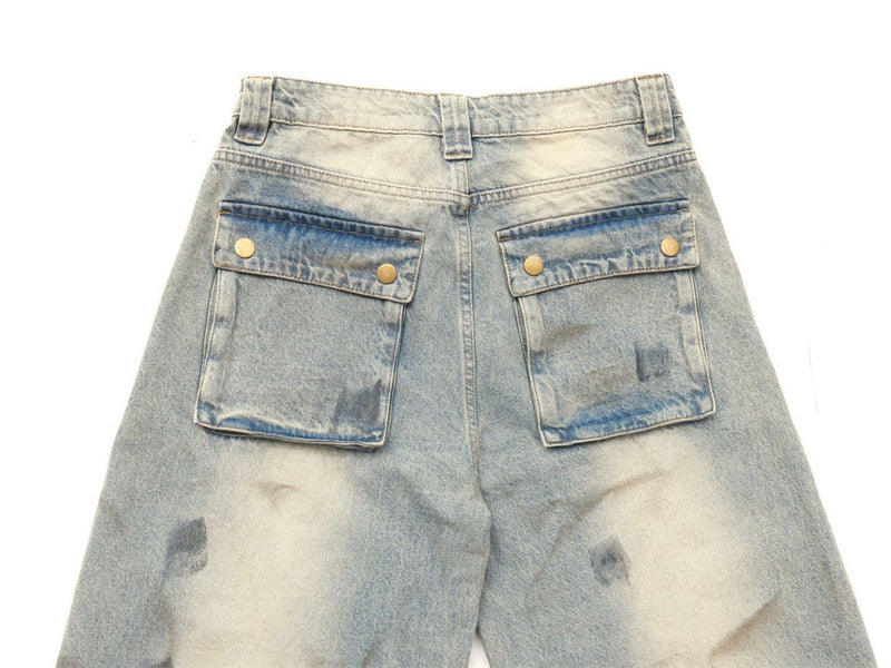 Men's Distressed Wide-Leg Jeans with Chaotic Embroidery & Metal Eyelet Detail