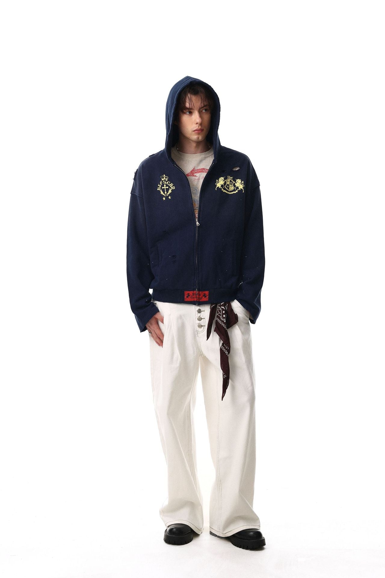 Distressed-Zip-Hoodie mit goldenem Wappenprint – Navy
