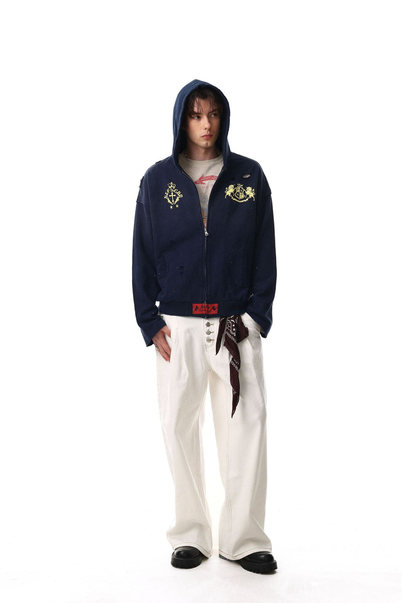 Distressed-Zip-Hoodie mit goldenem Wappenprint – Navy