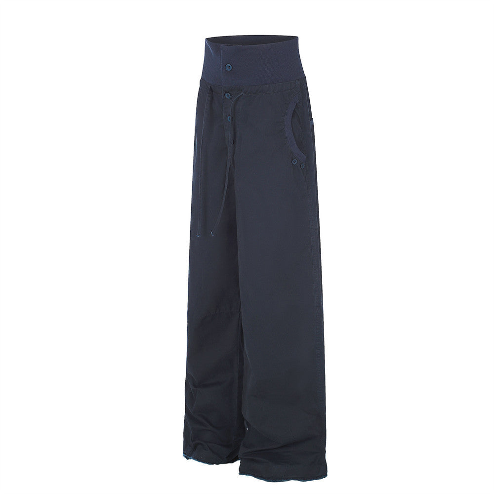 Pantalon palazzo à jambes larges – Taille haute, braguette à boutons, ceinture côtelée et ourlet brut