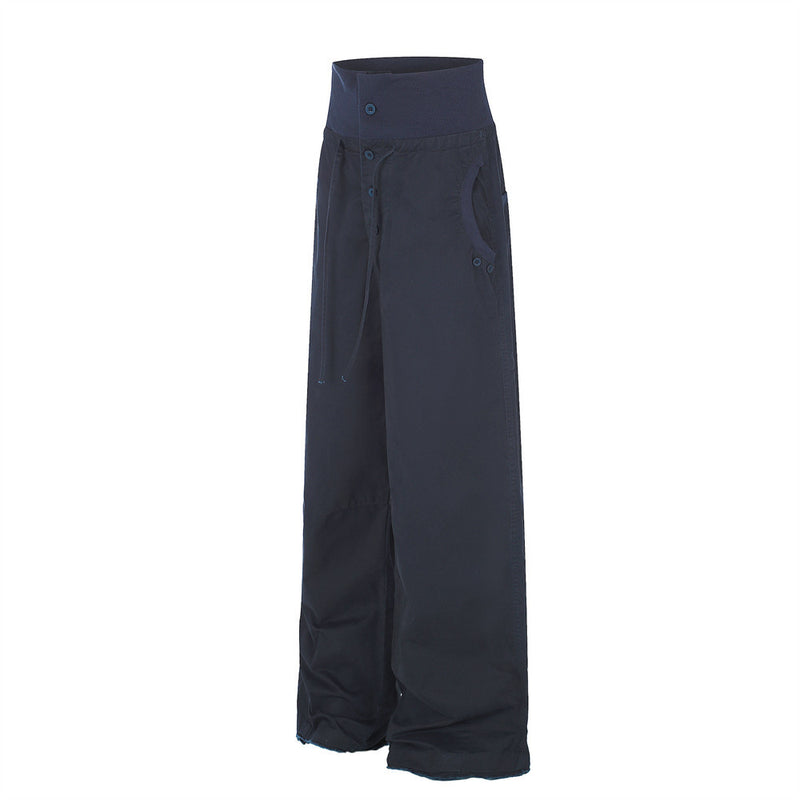 Pantalon palazzo à jambes larges – Taille haute, braguette à boutons, ceinture côtelée et ourlet brut