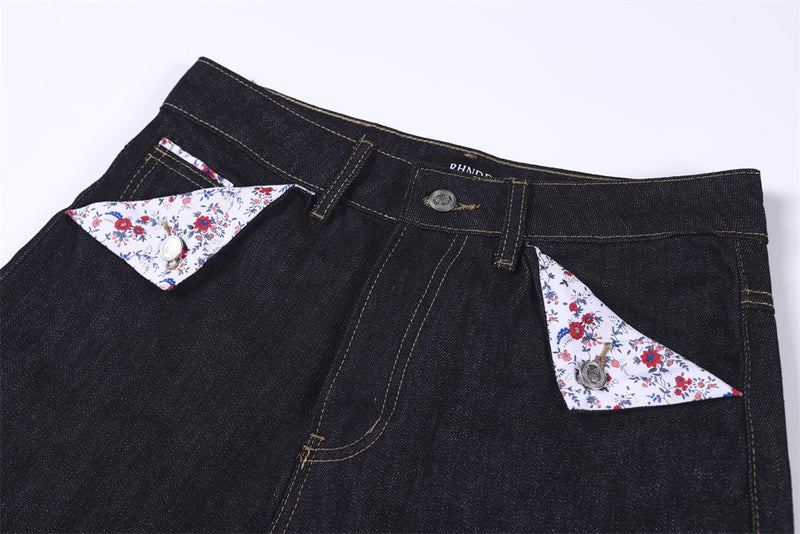 RHNDE Dark Wash Wide-Leg Denim Shorts with Floral Pocket Lining