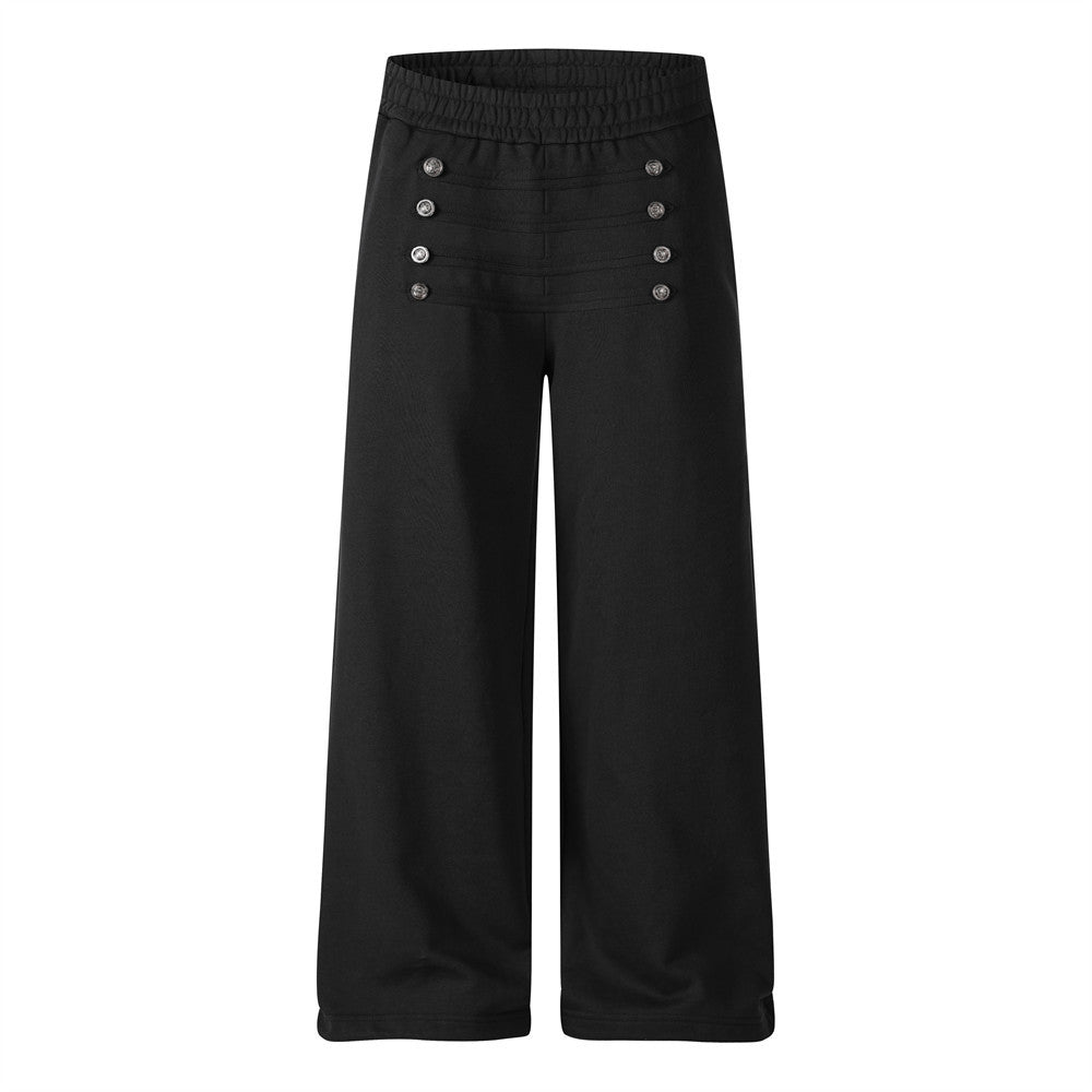 Wide-Leg Sweatpants with Double-Breasted Metal Buttons & Elastic Waist
