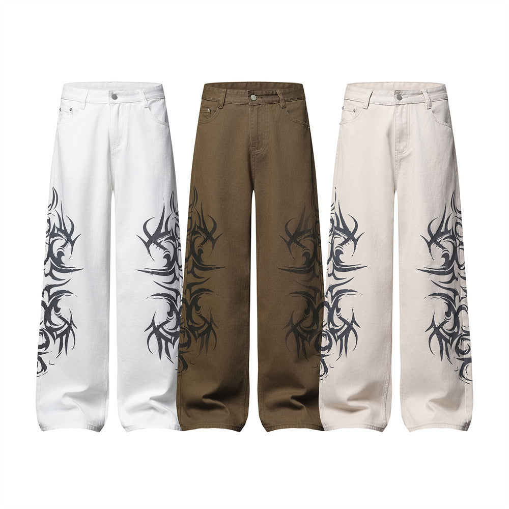 Tribal Print Wide-Leg Jeans – Men's Streetwear Straight Baggy Pants