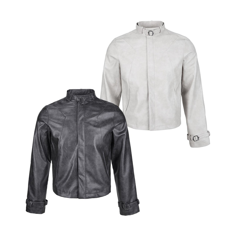 Blouson biker oversize en cuir – Style moto à col montant et poignets à boucles